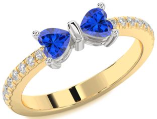 Diamond Emerald Platinum & Yellow Gold Bow Two Heart Birthstone Ring