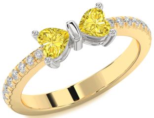 Diamond Emerald Platinum & Yellow Gold Bow Two Heart Birthstone Ring