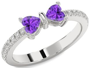 Diamond Emerald Silver Bow Two Heart Birthstone Ring