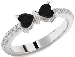 Diamond Emerald Platinum Bow Two Heart Birthstone Ring