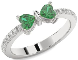 Diamond Emerald Silver Bow Two Heart Birthstone Ring
