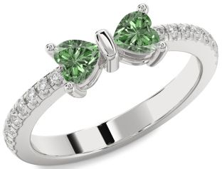 Diamond Emerald Platinum Bow Two Heart Birthstone Ring