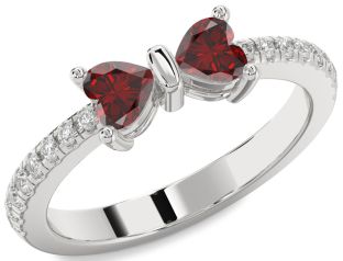 Diamond Emerald Silver Bow Two Heart Birthstone Ring