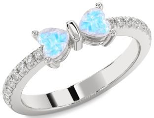 Diamond Emerald Silver Bow Two Heart Birthstone Ring