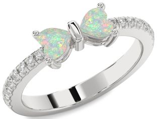 Diamond Emerald Platinum Bow Two Heart Birthstone Ring