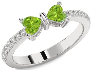 Diamond Emerald Platinum Bow Two Heart Birthstone Ring