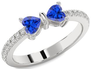 Diamond Emerald Platinum Bow Two Heart Birthstone Ring