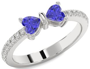 Diamond Emerald Platinum Bow Two Heart Birthstone Ring