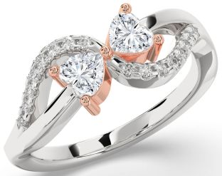 Diamond Silver & 10K Rose Gold Two Heart Ring