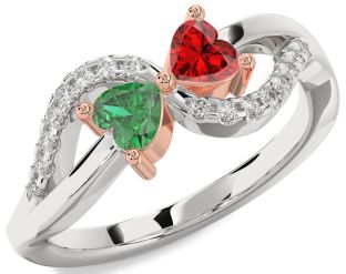 Diamond Emerald Silver & 10K Rose Gold Two Heart Birthstone Ring