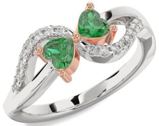 Diamond Emerald White Rose Gold Two Heart Birthstone Ring