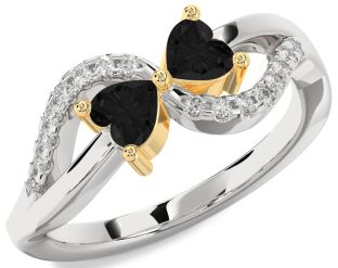 Black Diamond Gold Silver Two Heart Ring