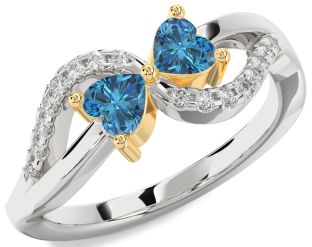 Blue Diamond Gold Silver Two Heart Ring