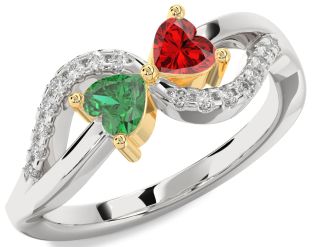 Diamond Emerald Silver & 10K gold Two Heart Birthstone Ring