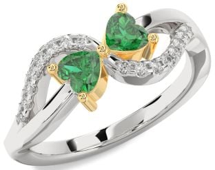 Diamond Emerald Silver & 10K gold Two Heart Birthstone Ring