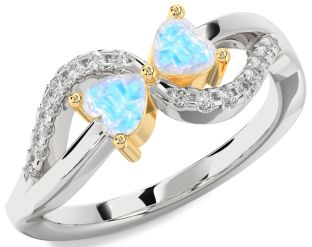 Diamond Moonstone Gold Silver Two Heart Ring