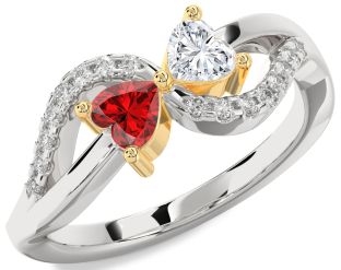 Diamond Emerald Silver & 10K gold Two Heart Birthstone Ring