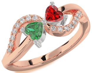 Diamond Emerald Platinum & Rose Gold Two Heart Birthstone Ring