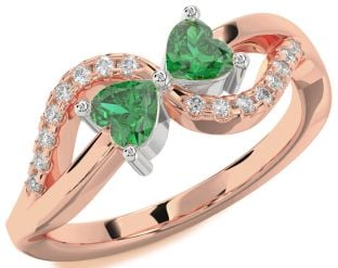 Diamond Emerald White Rose Gold Two Heart Birthstone Ring