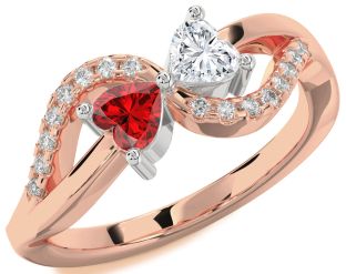 Diamond Emerald Platinum & Rose Gold Two Heart Birthstone Ring