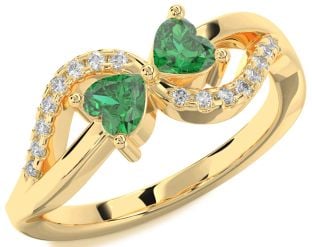 Diamond Emerald Gold Two Heart Birthstone Ring