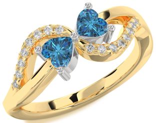 Blue Diamond Gold Silver Two Heart Ring
