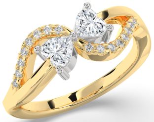 Diamond White Yellow Gold Two Heart Ring