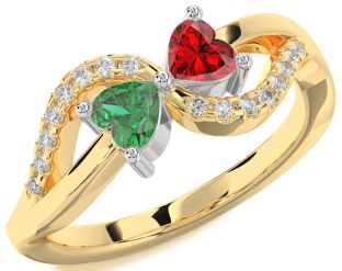 Diamond Emerald Platinum & Yellow Gold Two Heart Birthstone Ring