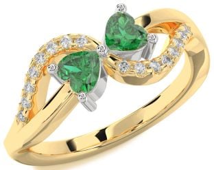 Diamond Emerald White Yellow Gold Two Heart Birthstone Ring