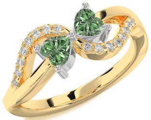 Green Diamond Gold Silver Two Heart Ring