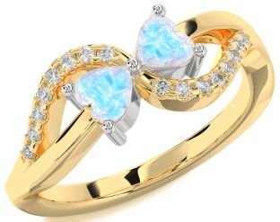 Diamond Moonstone Gold Silver Two Heart Ring