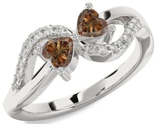Chocolate Brown Diamond Silver Two Heart Ring