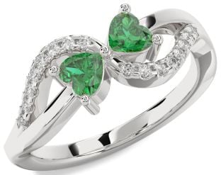 Diamond Emerald Silver Two Heart Birthstone Ring