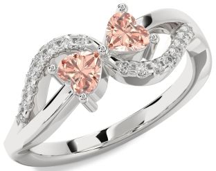 Diamond Morganite Silver Two Heart Ring