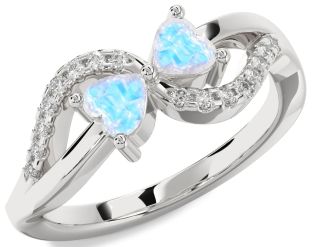 Diamond Emerald Silver Two Heart Birthstone Ring