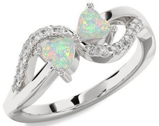 Diamond Emerald Silver Two Heart Birthstone Ring