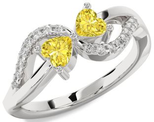 Yellow Diamond Silver Two Heart Ring