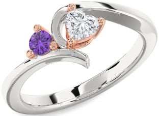 Silver & 10K Rose Gold Heart Two Stone Promise Ring