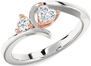 Diamond Silver & 10K Rose Gold Heart Two Stone Ring