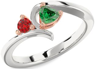 Emerald Silver & 10K Rose Gold Heart Two Stone Birthstone Ring