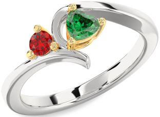 Emerald Silver & 10K gold Heart Two Stone Birthstone Ring