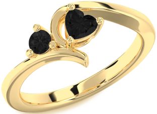 Black Diamond Gold Silver Heart Two Stone Ring
