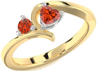 Fire Opal Gold Silver Heart Two Stone Ring