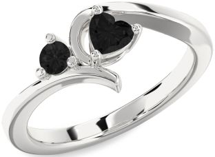Black Diamond Silver Heart Two Stone Ring