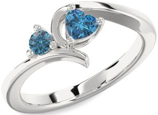 Blue Diamond Silver Heart Two Stone Ring
