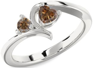 Chocolate Brown Diamond Silver Heart Two Stone Ring