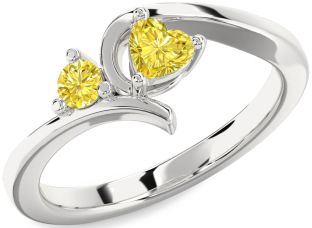 Yellow Diamond Silver Heart Two Stone Ring