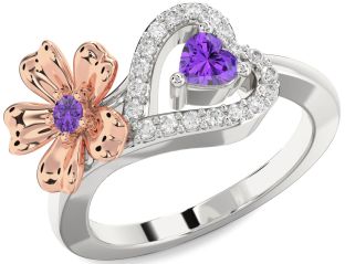 Diamond Emerald Platinum & Rose Gold Flower Heart Two Stone Birthstone Ring