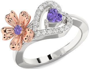 Diamond Emerald Platinum & Rose Gold Flower Heart Two Stone Birthstone Ring