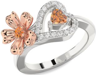 Diamond Emerald Platinum & Rose Gold Flower Heart Two Stone Birthstone Ring